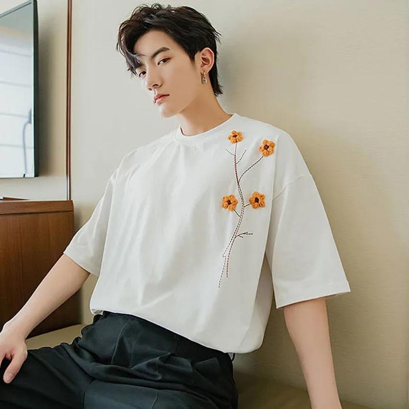 

Мужская летняя мужская футболка с короткими рукавами с половиной рукавов Tide Brand Trend Простая свободная мужская футболка большого размера с вышивкой Design Sense Белая футболка с короткими рукавами M