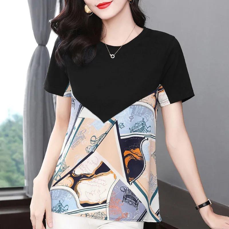 Chiffon Splicing Pure Cotton Short-sleeved T-shirt for Women Summer New Style Large Size Mid-length Loose Top