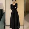Hepburn Style Black Waist Temperament Long-sleeved Dress Women's Autumn New French Slim Medium and Long Skirt