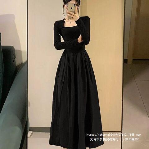 Hepburn Style Black Waist Temperament Long-sleeved Dress Women's Autumn New French Slim Medium and Long Skirt