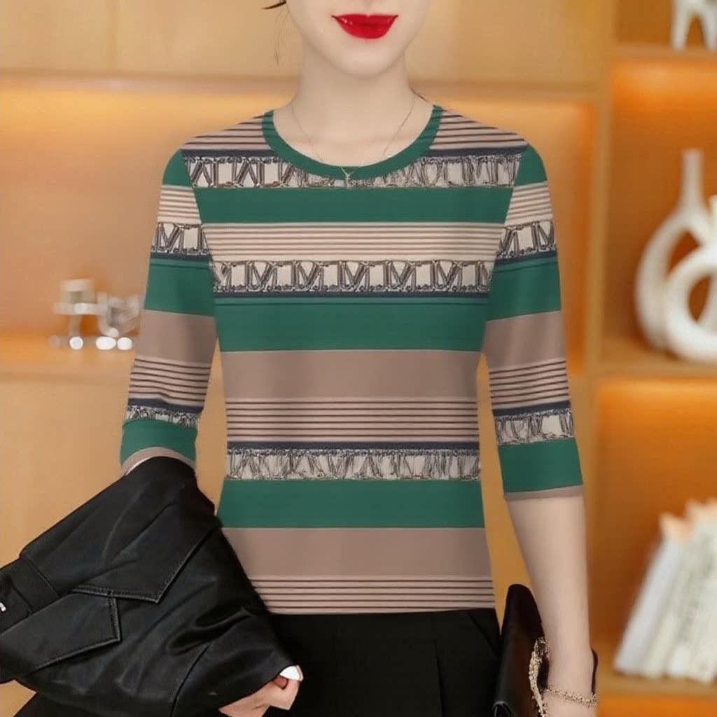 High-End Women's Half-Round Neck Long Sleeve Printed Base Layer Top - Slimming, Stylish Age-Reducing Wear for Middle-Aged & Elderly Mothers