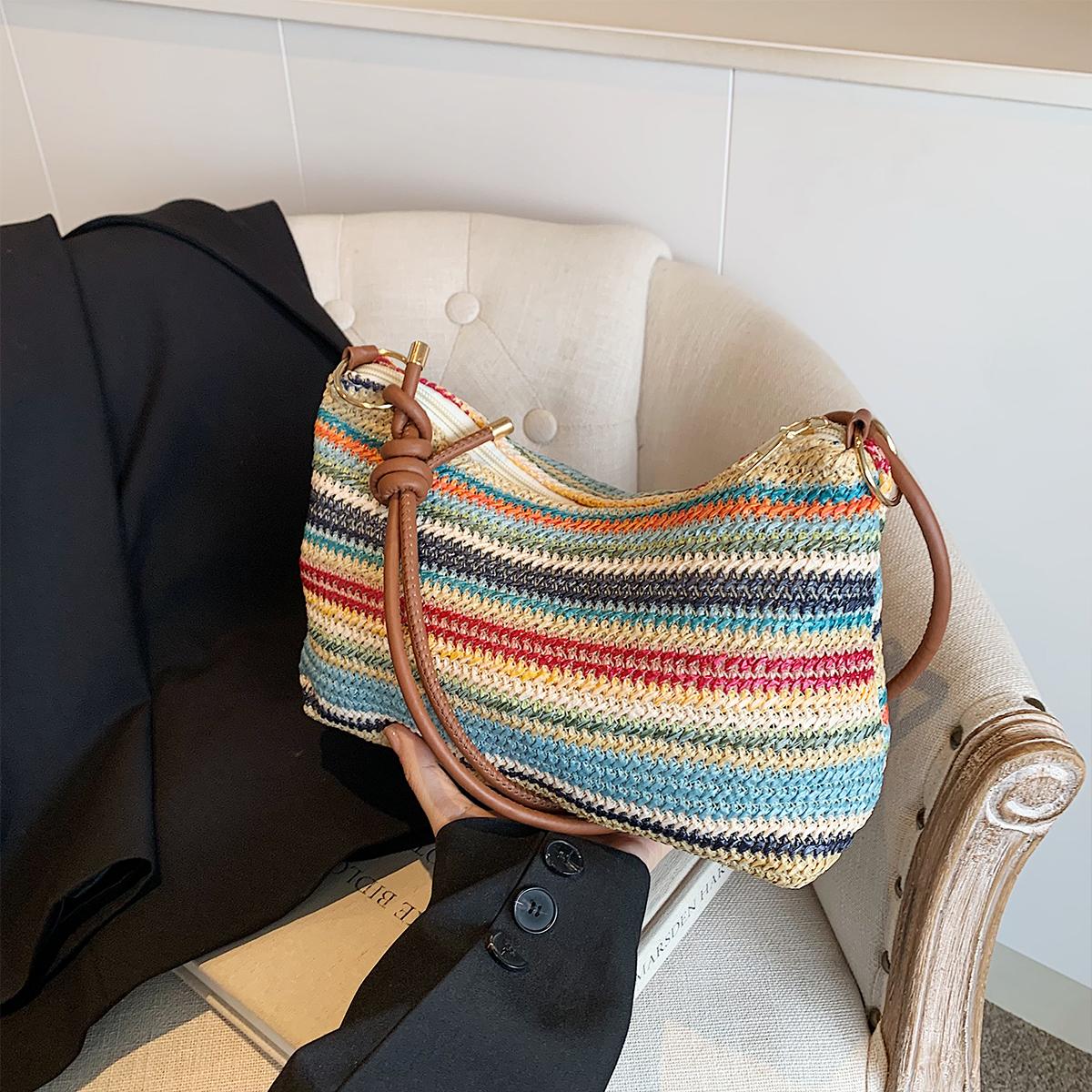 

Женская полосатая плетеная соломенная сумка-тоут, легкая, большой вместимости, со съемным кошельком для монет и застежкой-молнией для пляжного отдыха