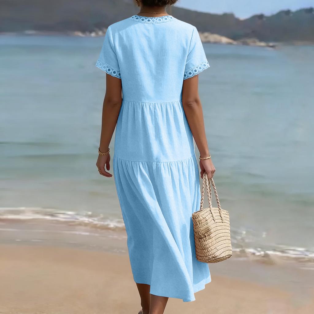 Damen Sommer Mode V-Ausschnitt Kurzarm Farbe Lässig Spitze Patchwork Kleid