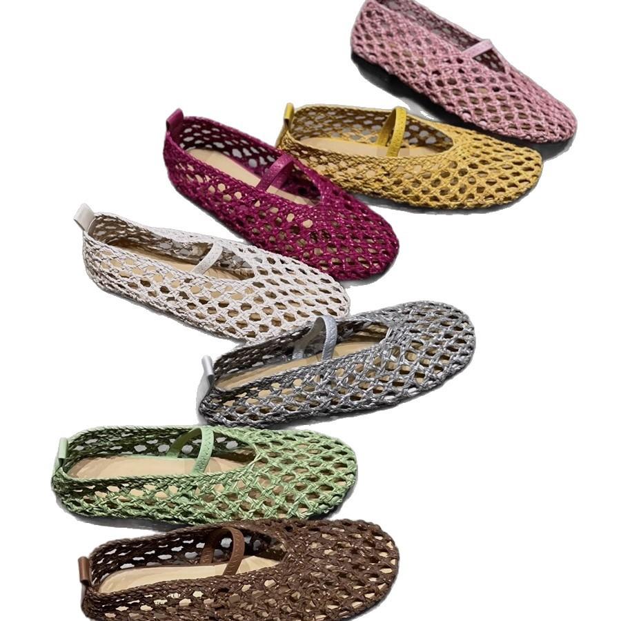 Sheepskin version~ round head hollow woven retro flat shoes women's sandals one-word fishing net shoes breathable shallow mouth single shoes
