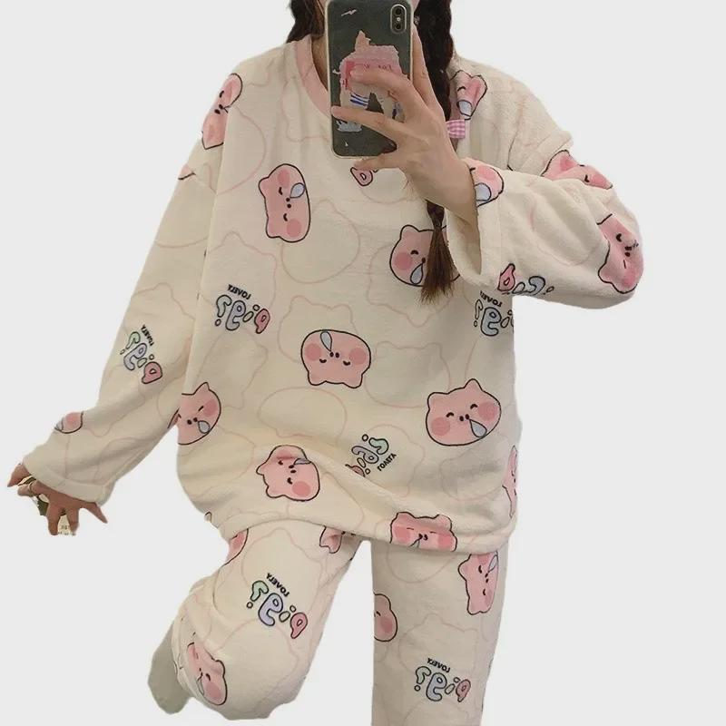 Cozy Coral Fleece Cartoon Pajama Set for Women – Perfect for Autumn and Winter
