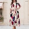 Women Plus Size Round Neck 3 4 Sleeve Abstract Print Beige Burgundy Casual Maxi Dress