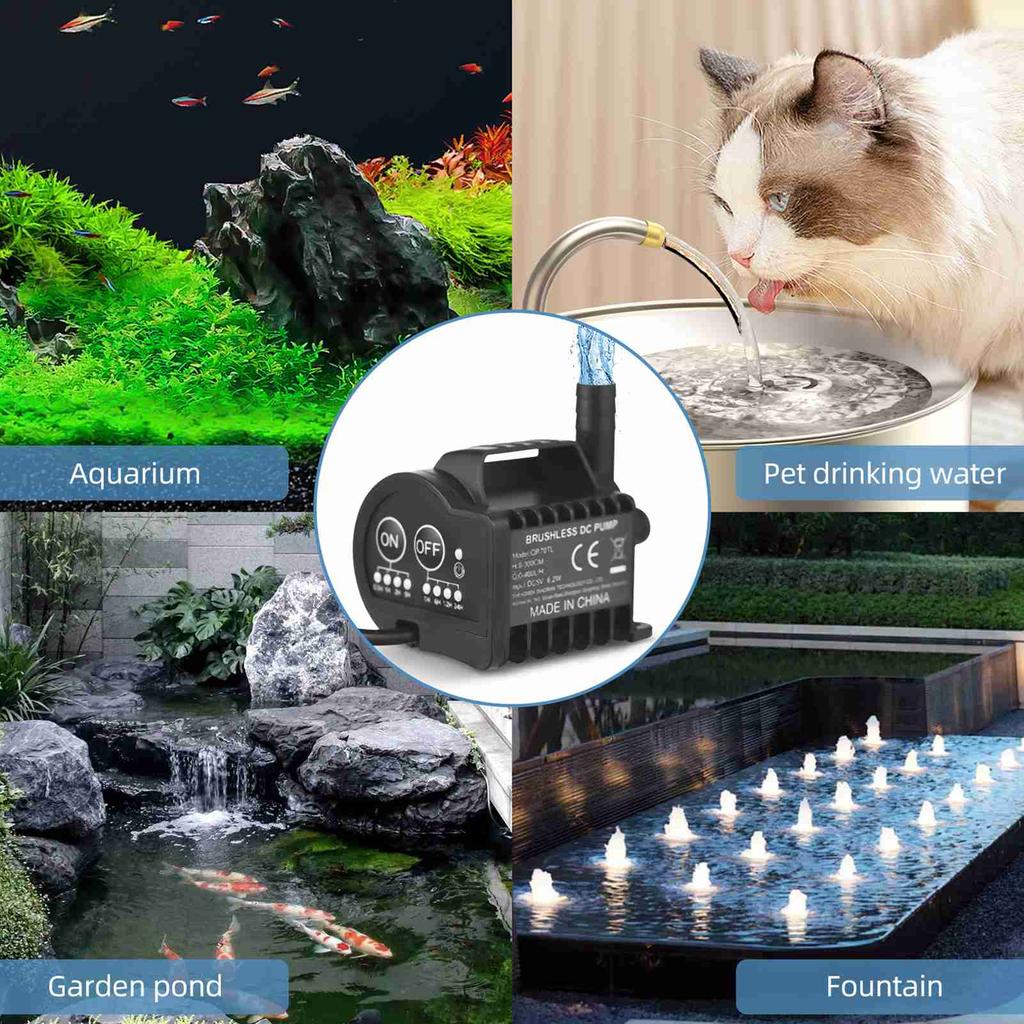 5V   with 4 Gr On/Off Timing, Acceleration and Deceleration Function,   400L/H   9.8ft Lift, 6.5ft USB Charging Cable and Suction C