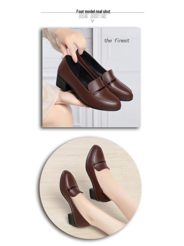 2025 Spring/Autumn Comfortable Soft Leather Chunky Heel Shoes for Women - Versatile for Middle-Aged and Elderly