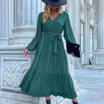 Herbst Winter Langarm Soild Elegante V-ausschnitt Chiffon A-Linie Knielangen Hohe Taille Frauen Kleid