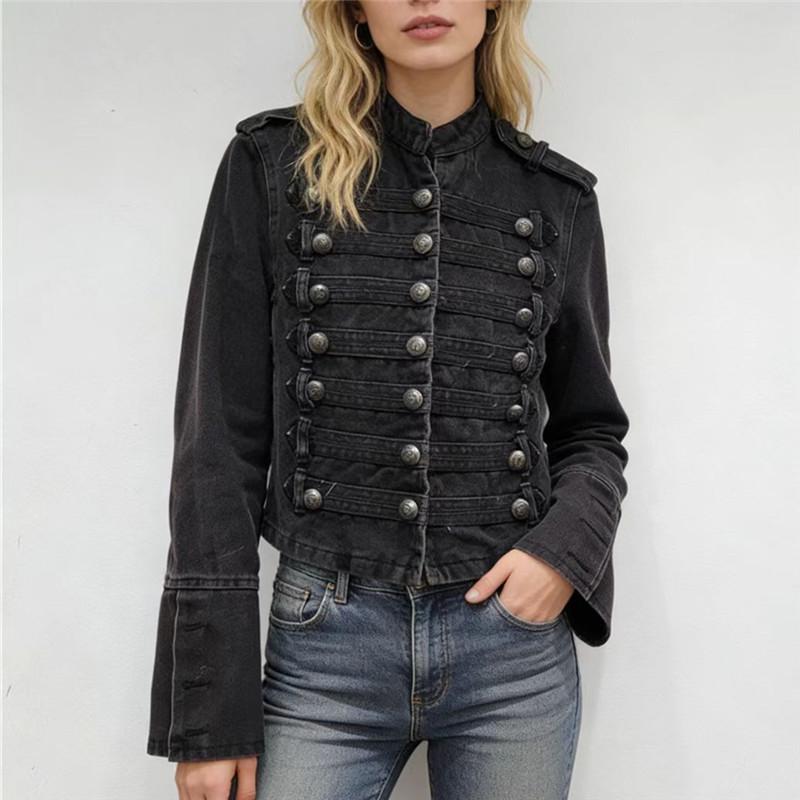 

Women s Trendy Stand Collar Denim Jacket - Slim Fit, Long Sleeve, for Spring, Autumn, and Winter. Medium