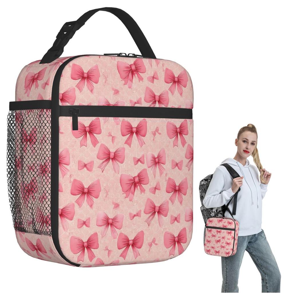 Pink Bow Pattern Insulated Lunch Bag for Women Kids Portable Food Boxes Thermal Lunch Box Tote