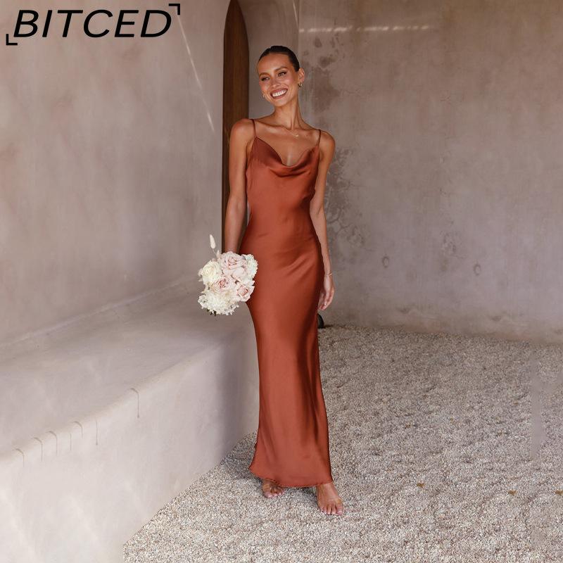 BITCED Women's Spring/Summer Strapless Deep V-Neck Slim-Fit Urban Chic Solid-Colour Dress