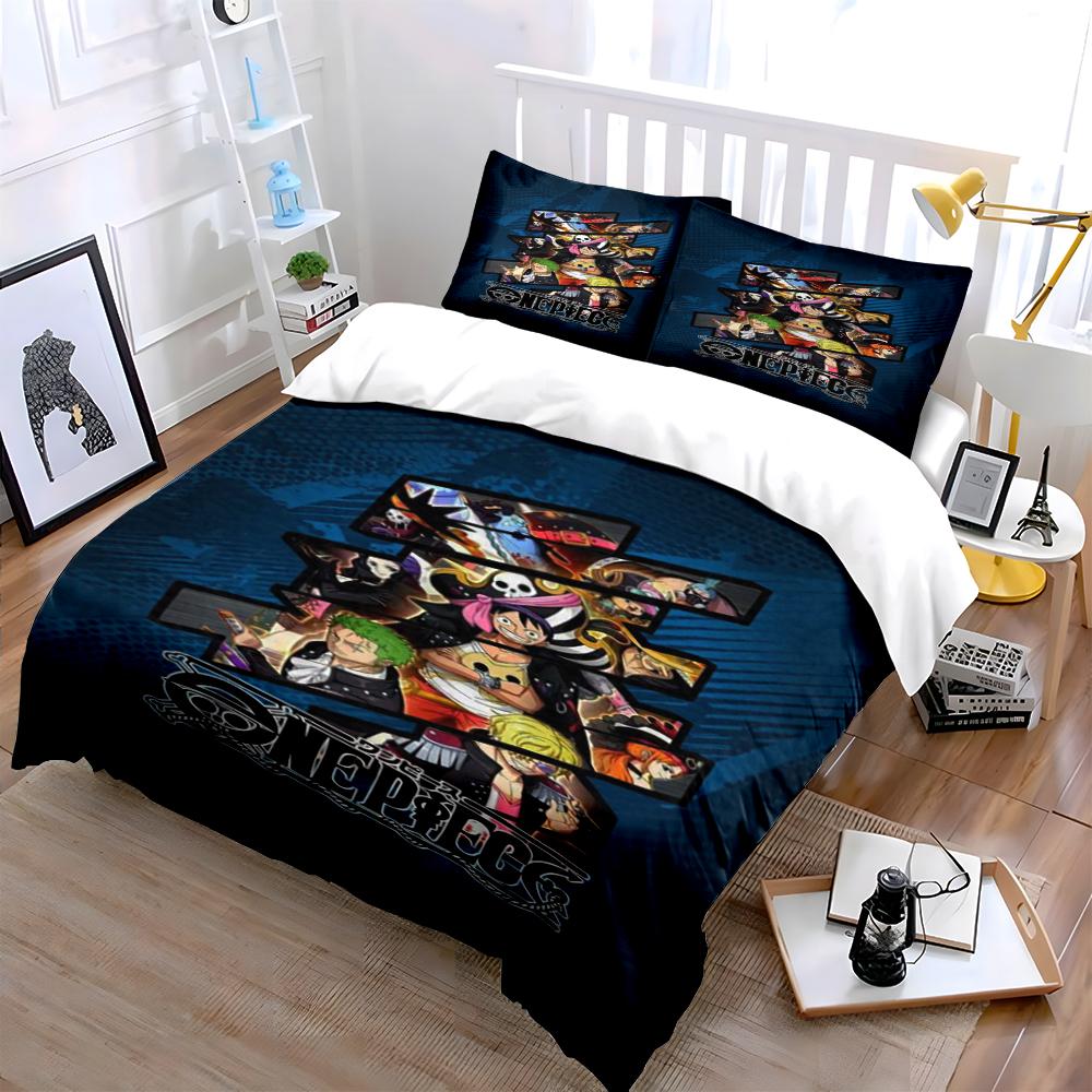 One Piece Anime Bedding Set Blue Design Bedding set (1 duvet cover, 2 pillowcases, duvet not included)
