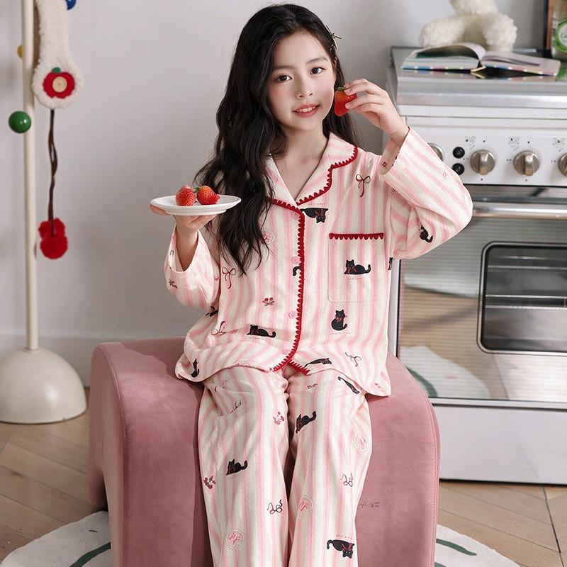Girls Cotton Pajama Set Long Sleeve 2026 Cartoon Print Home Wear Ages 8 Comfortable Sleepwear
