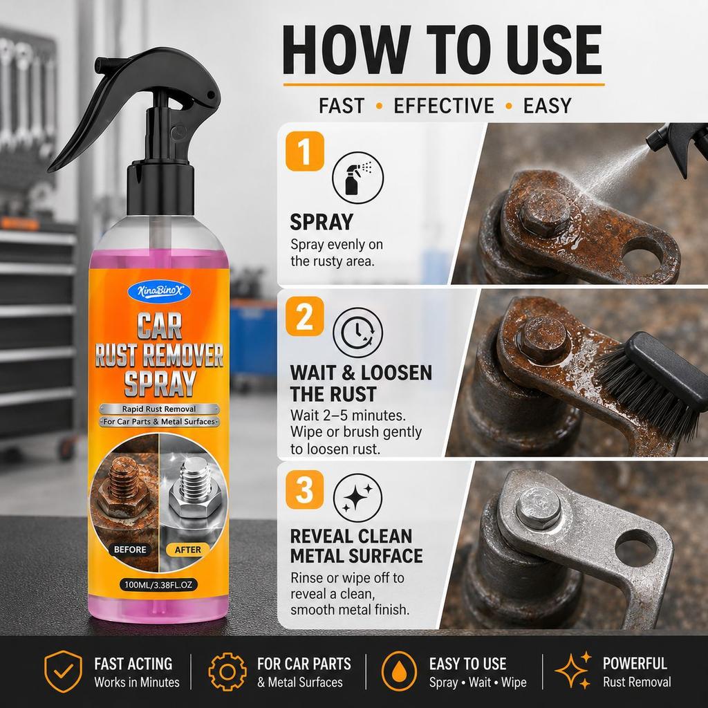 Car Rust Remover Spray 100ml - Fast-Acting Rust Dissolver for Wheels, Bolts & Metal Parts, Restores Shine