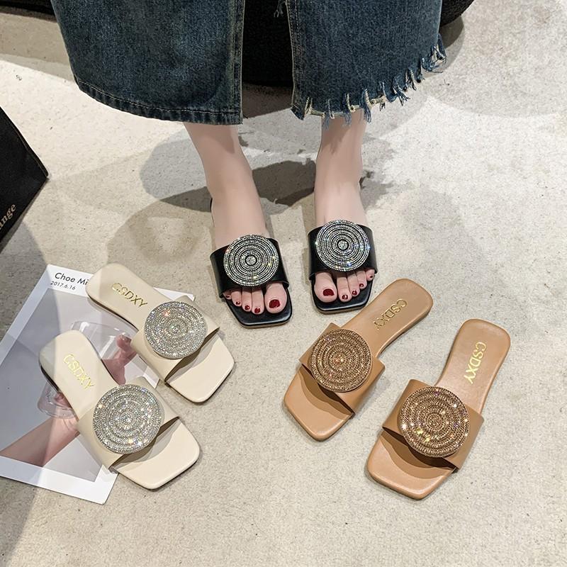2024 New Large Size Flat Bottom Slippers Women Slippers Square Head Rhinestone Round Cake One-character Slippers