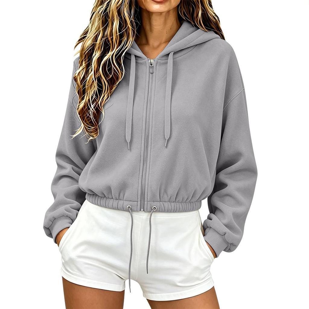 Women Zip Up Cropped Drawstring Hoodies Casual Long Sleeve Jacket with Pockets Winter Fall Outwear Outfits