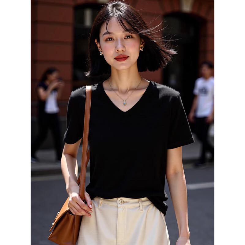 Basic House Women s Loose Silk Blend V-Neck Short Sleeve T-Shirt M