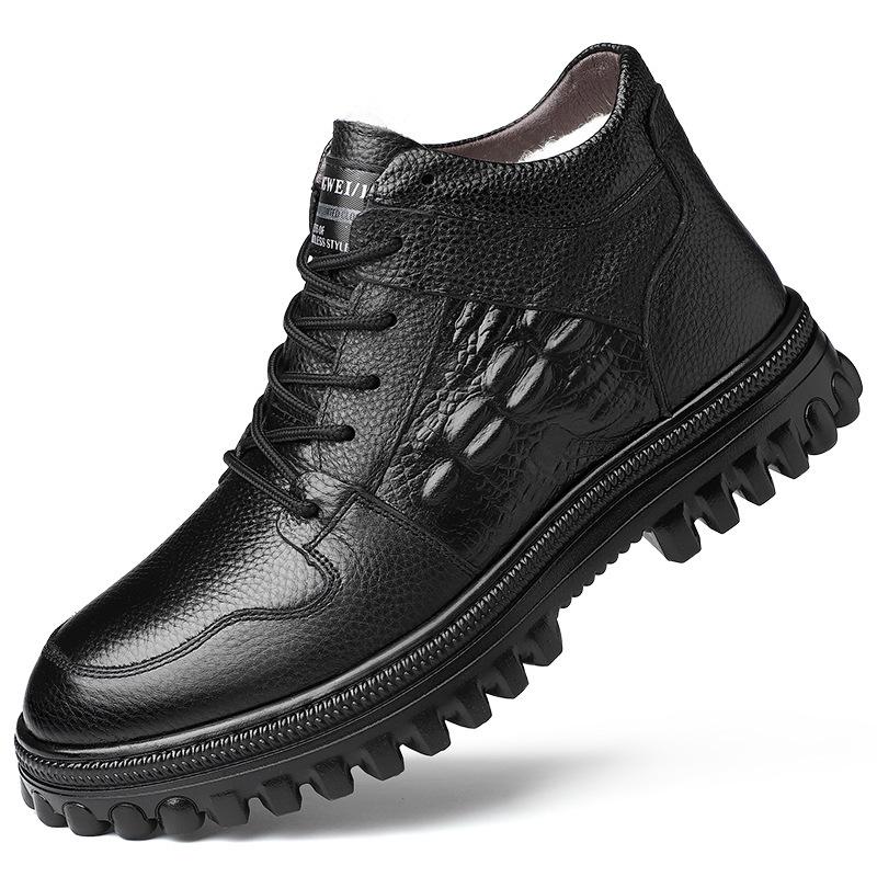 Rindsleder erste Schicht Winter Baumwollschuhe Herren lässige Wärme reine Wolle Herrenstiefel weiche Sohle verdickt Schnürung Krokodilmuster Vaterschuhe