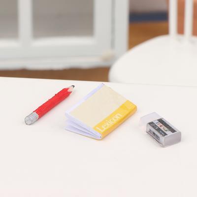 1juego 1:12 Mini Cuaderno Lápiz Borrador Casa de Muñecas Papelería Estudiante Modelo Juguete de Juego de Imitación para Niños Accesorios para Casa de Muñecas