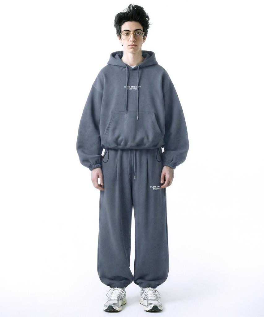 [Set] Small Slow And Soft String Oversized Hoodie + Single-Pleat Wide Pants - Blue-Gray