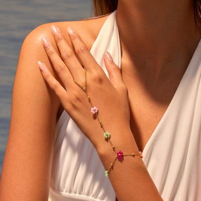 GEMCHIC Women's Beaded Floral Connected Ring Stainless Steel Bracelet 18K Gold Plated Hand Jewelry Set
