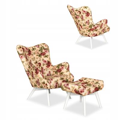 Luna Print Scandinavian Armchair with Footrest and Pouffe English Roses