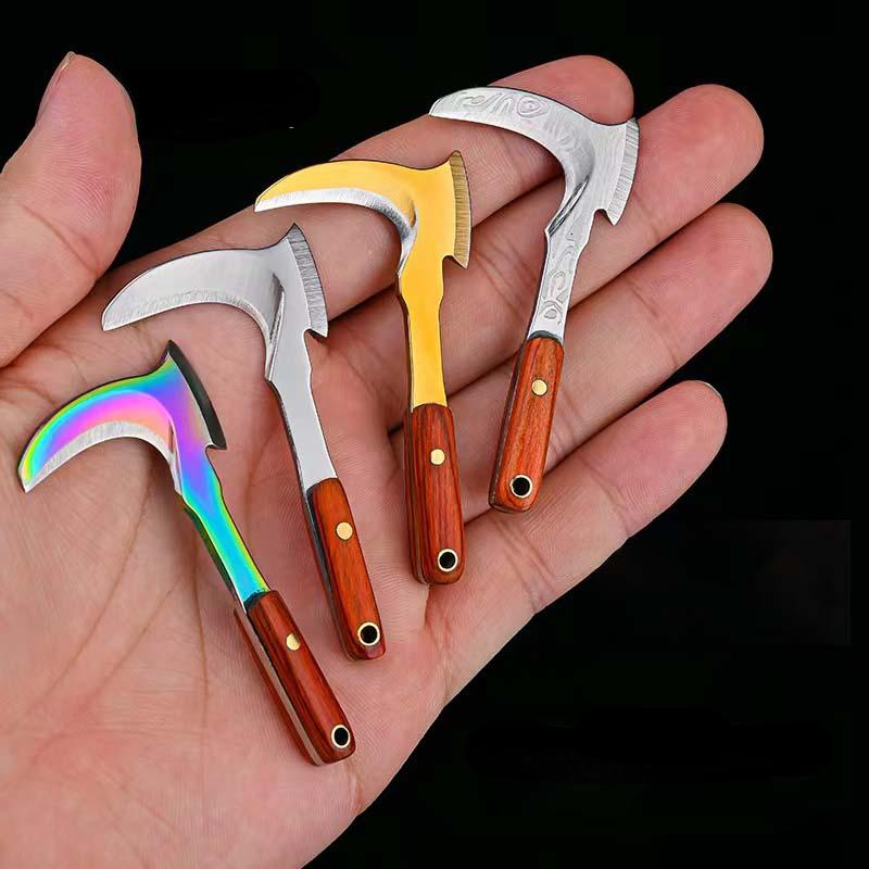 Portable Mini Sickle Pocket Knife Stainless Steel Camping EDC Knife Peeling Machine Fixed Blade Wooden Handle Kitchen