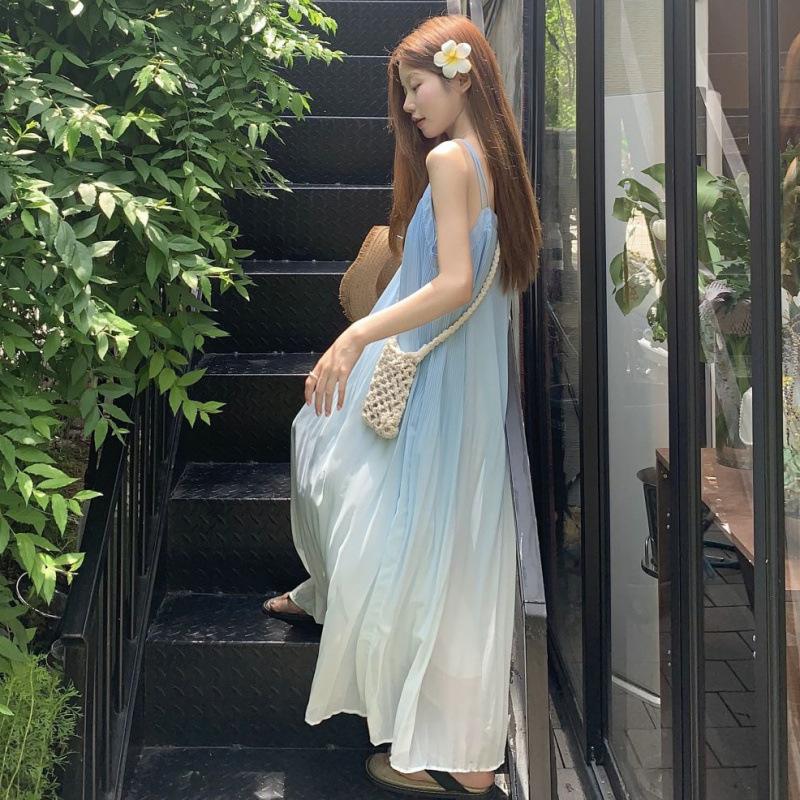 Blue gradual change suspender dress women's summer new seaside lazy holiday wind loose and thin skirt