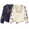 Autumn Ethnic V Neck Embroidery Flower Totem Pullover Shirt Women Full Sleeve Loose Blouses BOHO Tops Beige Navy