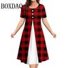 Vintage Plaid Striped Printed Womens Dresses Summer Casual Round Neck Short Sleeved Loose Dress Fashion Clothing Plus Size