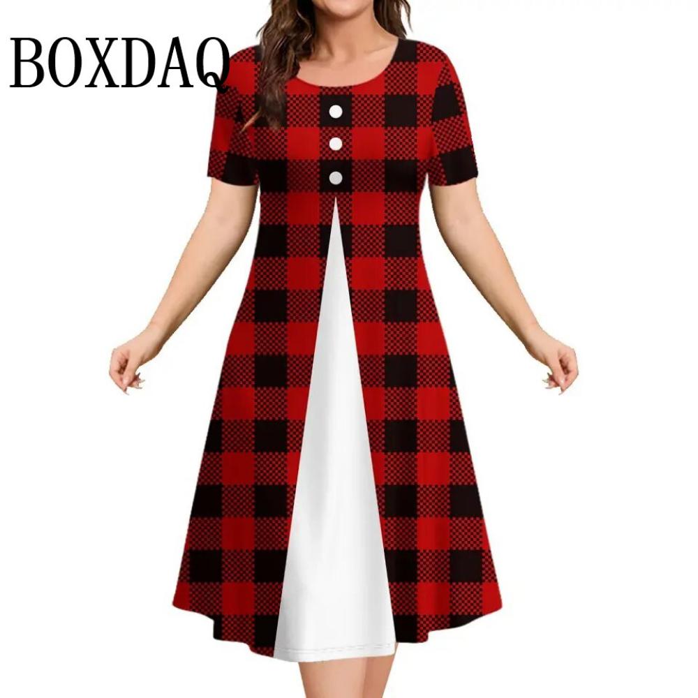 Vintage Plaid Striped Printed Womens Dresses Summer Casual Round Neck Short Sleeved Loose Dress Fashion Clothing Plus Size S