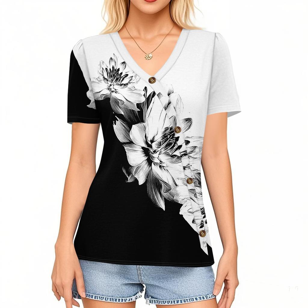 Ladies' Fashionable Casual Retro Floral Print Short-sleeved V-neck Shirt, Puff Sleeve T-shirt, Loose Casual Shirt, Summer T-shirt