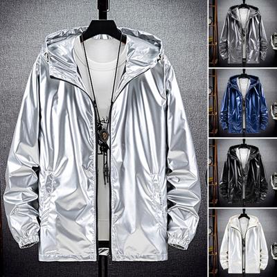Men Hooded Jacket Bright Surface Zipper Solid Color Slim Fit Waterproof Spring Autumn Elastic Cuff Coat Streetwear