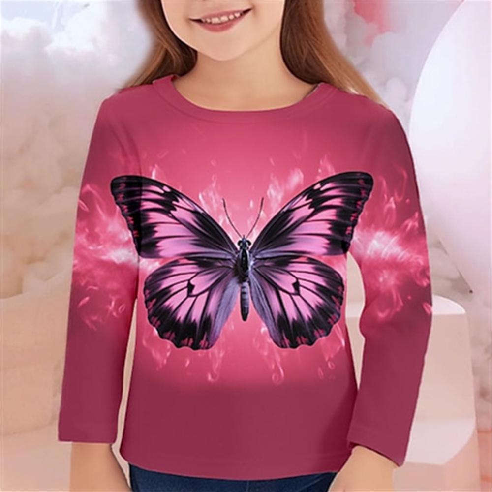 

Spring and Autumn Round Neck 3D Butterfly Printed Top Fashionable Casual Long Sleeved Children s Girl T-shirts 170