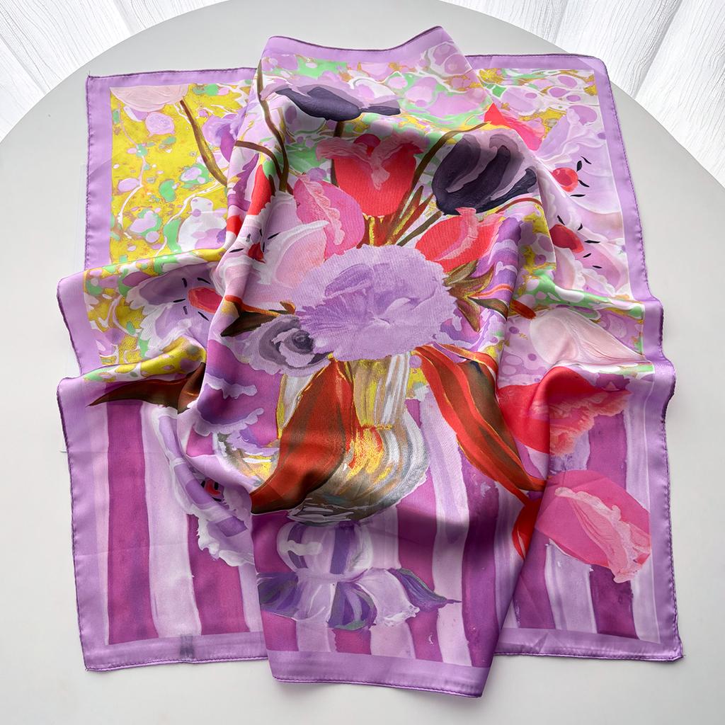 Floral Printed Square Scarf For Women Color Imitation Silk Scarves Bandanas Luxury Hijab Neckerchief Elegant Beach Shawl Wraps