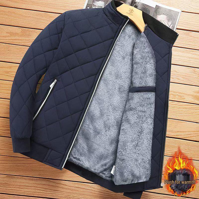 

Men s Fleece-Lined Stand Collar Jacket - Thick, Loose, and Warm Winter Sportswear for Middle-Aged and Elderly 3XL (140-160 jin) темно-синього кольору