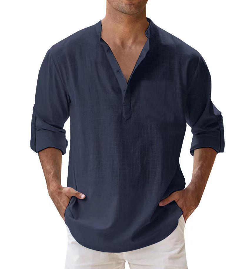 Men's Summer Casual Loose-Fit Stand-Up Collar Solid Color Long-Sleeve Cotton Shirt, Plus Size Available