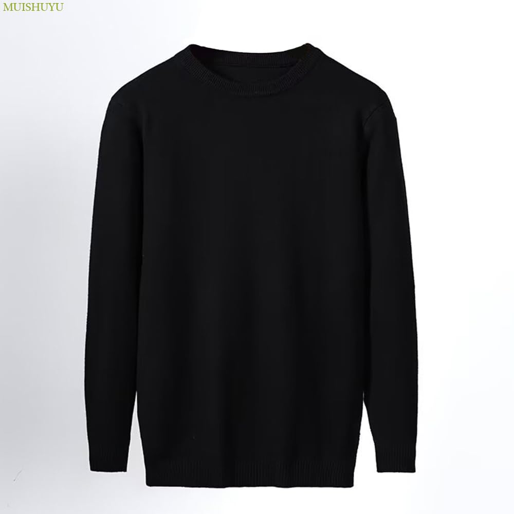 MUISHUYU Stickad Tröja med Rund Hals Enfärgad Lång Rund Skuren och Sydd YU57 Herrtröja, Färg, Ärmar, Hals, Varm, Vardaglig, Snygg, Enkel, Topp, (Storlek L, Svart)