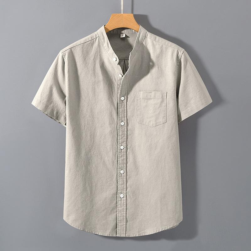 Summer Linen Shirt Men's Henry Cotton Short Sleeve Shirt Vintage Casual Beach T-shirt Breathable Streetwear Collar Shirt Tshirts with Pocket