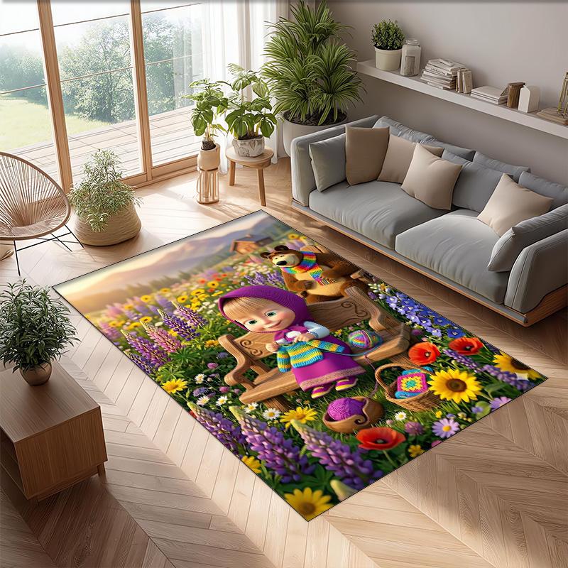 Masha and the Bear Crystal Velvet Rug, Soft Anti‑Slip Crystal Velvet Carpet for Living Room Bedroom Home Decor