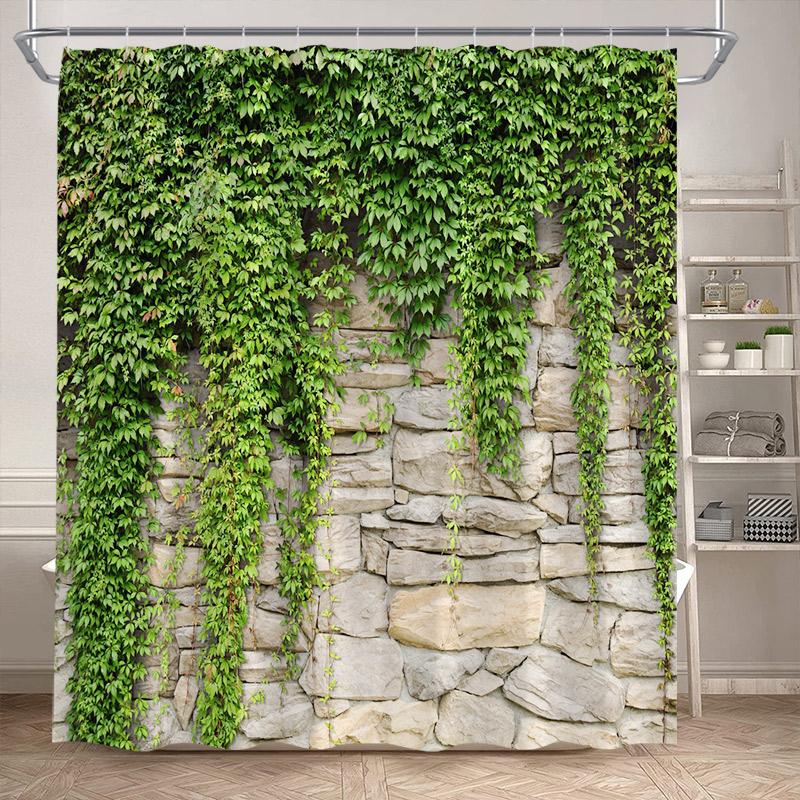 Vintage Brick Wall Green Leaves Shower Curtains Rustic Vine Plant Leaf Grey Stone Polyester Fabric Bathroom Curtain Decorative