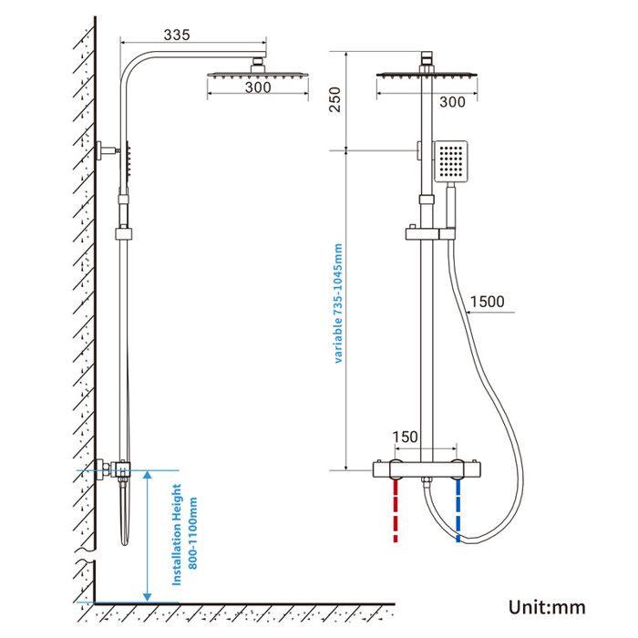 Colonne de Douche - Mitigeur Thermostatique - Noir - Hauteur Réglable 90-116 cm - Douchette 12 pouces