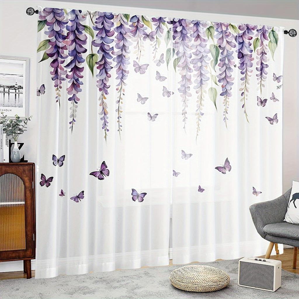 2 Pcs Luxe Sheer Wisteria Floral Curtains – Romantic Art Theme Rod Pocket Design for Bedroom Decor