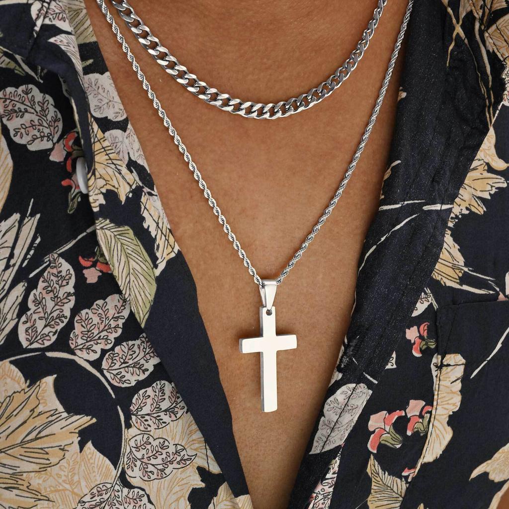 Vnox Men's Classic Cross Pendant Necklace, Stainless Steel Rope Cuban Blade Chain, Handsome Layered Neck Chains