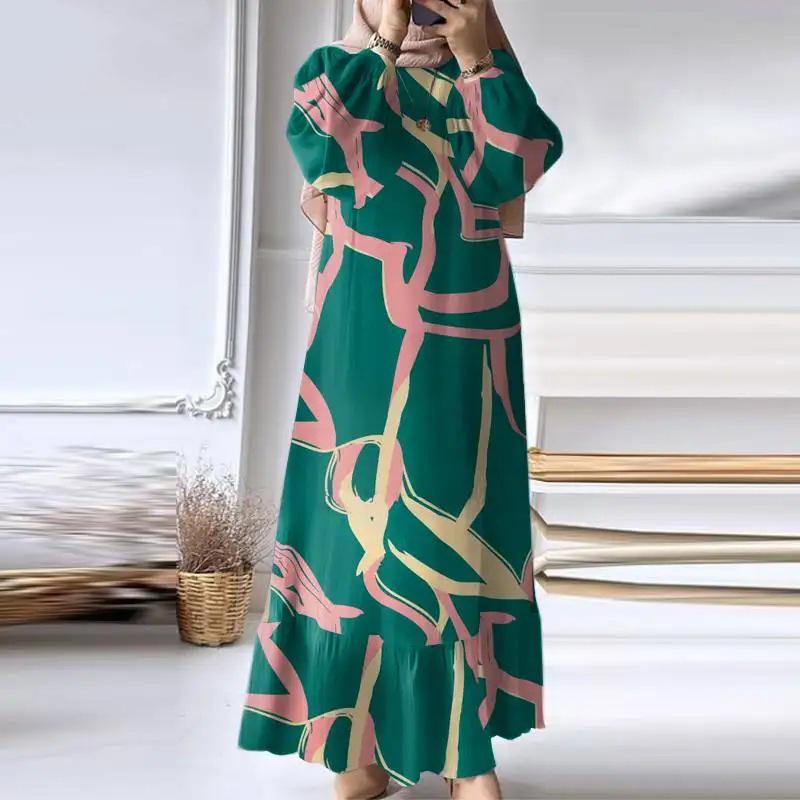 In-Stock Pleated Vintage Muslim Women's Robe with Puff Sleeves and Pocket Hem Ruffle Dress