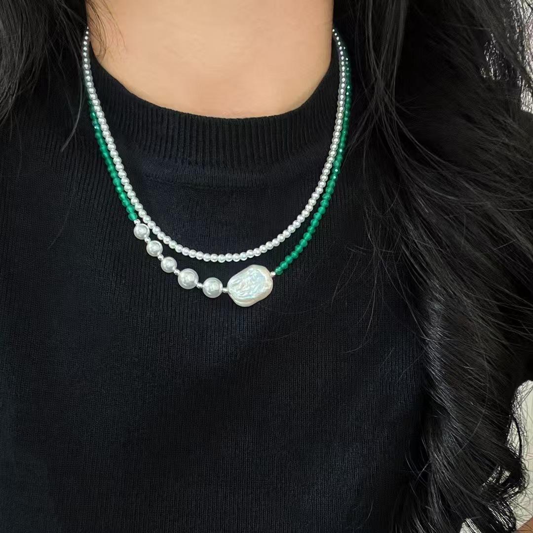 

Vintage Artificial Crystal Pearl Natural Baroque Pearl Chalcedony Double Design Necklace Clavicle Chain