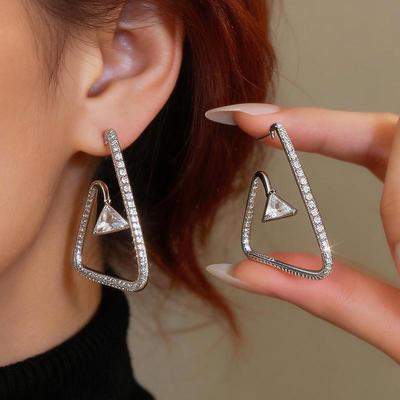 Silver Zircon Geometric Triangle Stud Earrings - European & American High-Class Fashion Jewelry