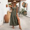 TikTok Summer Hot Sell V-neck Lotus Leaf Sleeve Dress European and American Foreign Trade Vacation High Waist Split Daily Long Dress Women