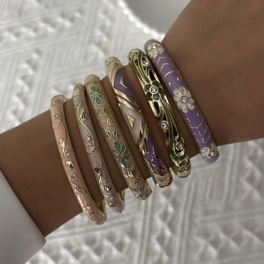Zircon Floral Bangle Ethnic Style Cloisonne Bangle Retro Enamel Flower Bracelet Jewelry